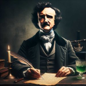 Edgar Allan Poe mit einem Glas Absinth