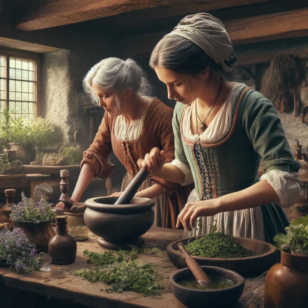 Absinthe Erfindung: zwei Kräuterfrauen